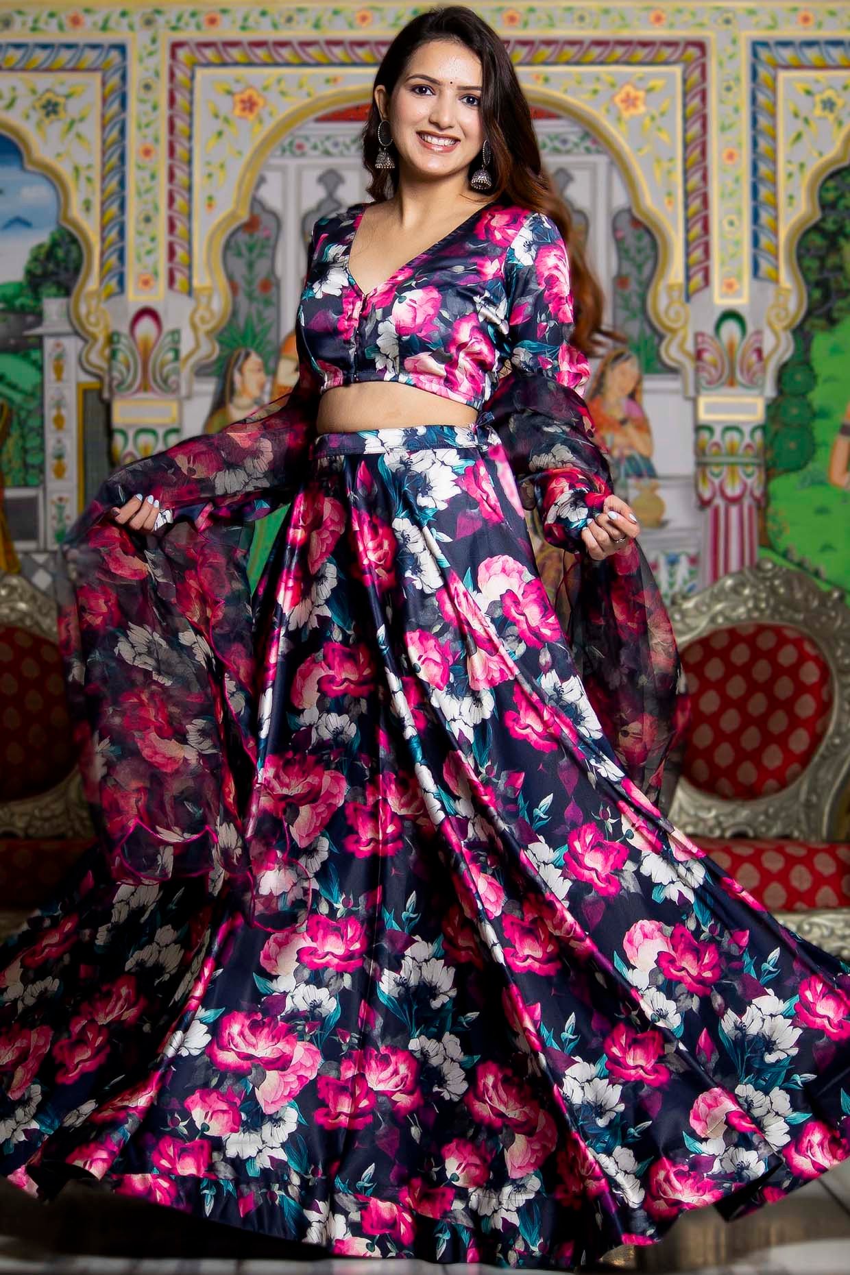 Black Satin Floral Printed Flared Lehenga Set