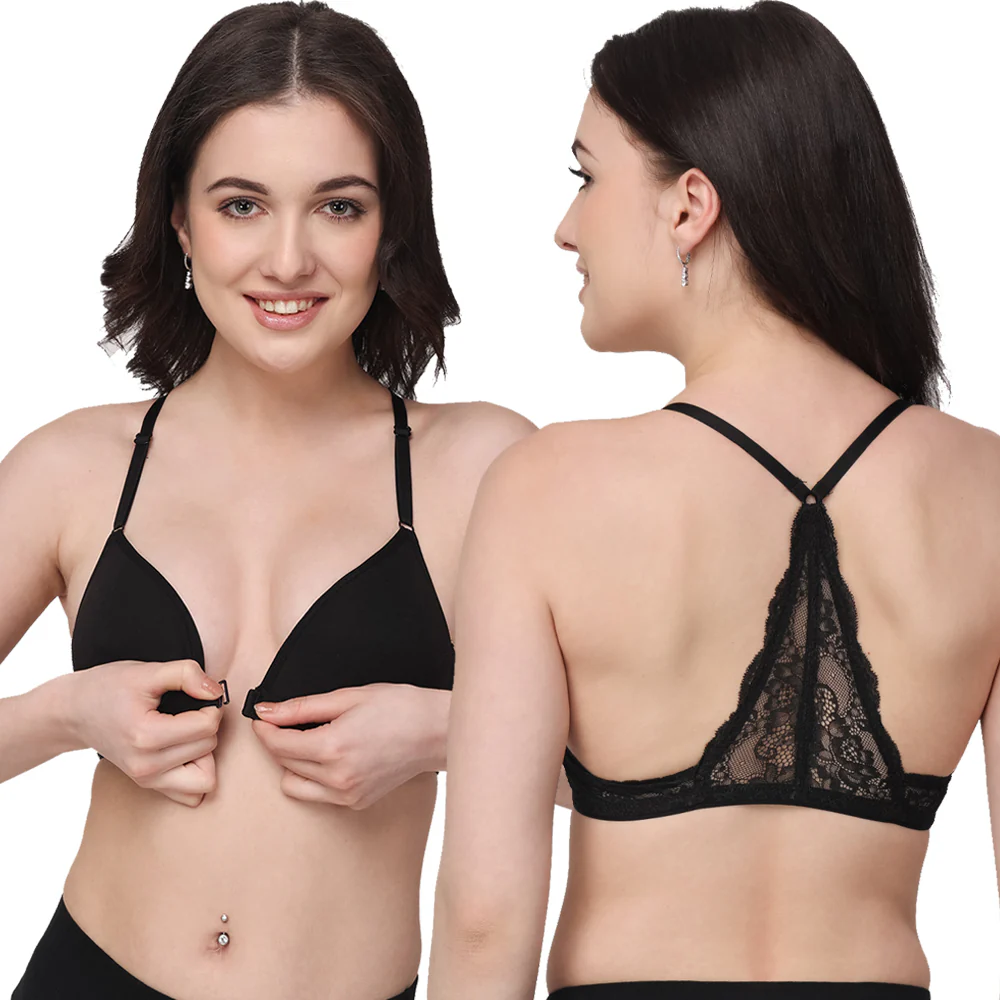 Navy Blue Non-Wired Lightly Padded Medium Coverage Women's Front-Open Bra - Image 3