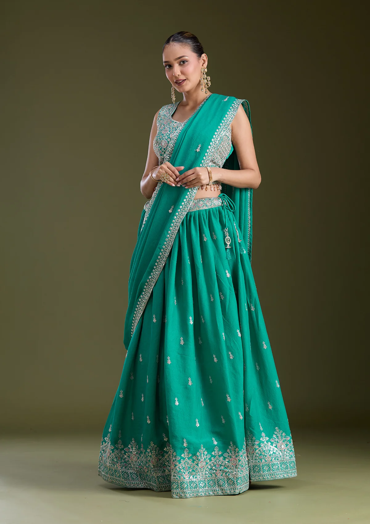Sea Green Zariwork (Silver) Soft Raw Silk Readymade Lehenga - Image 3