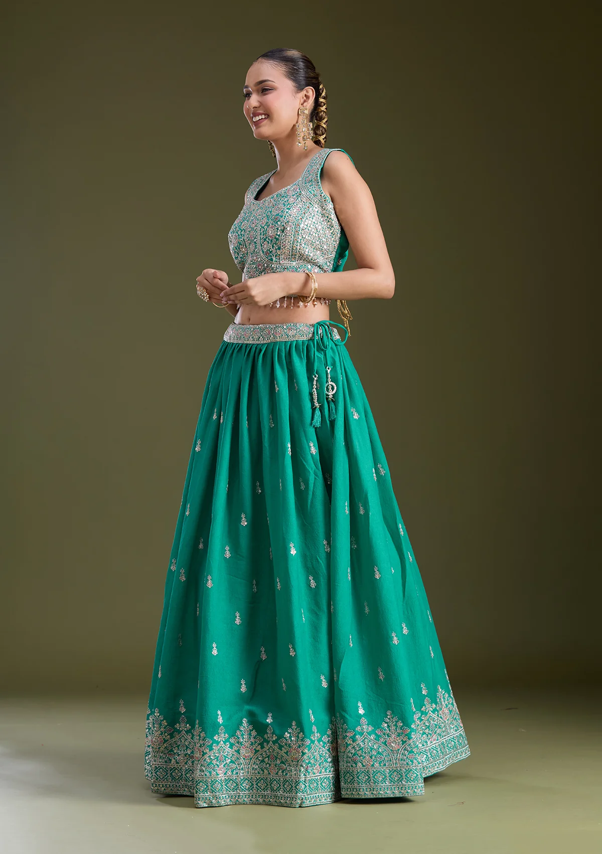 Sea Green Zariwork (Silver) Soft Raw Silk Readymade Lehenga - Image 6
