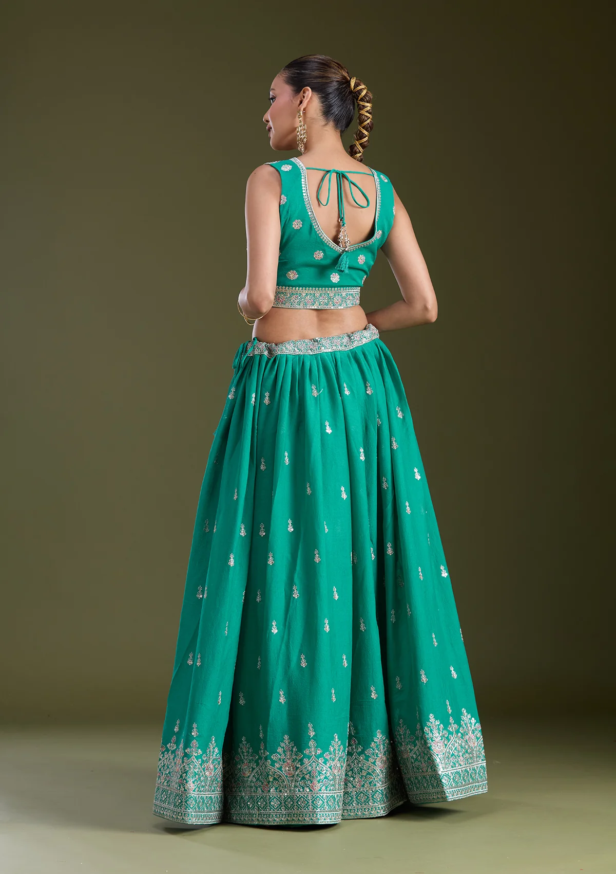 Sea Green Zariwork (Silver) Soft Raw Silk Readymade Lehenga - Image 9