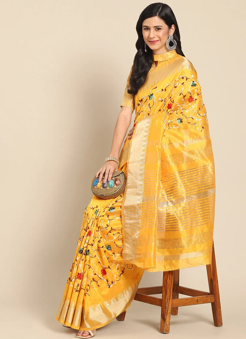 Assam Cotton Silk Thread Embroidered Work Temple Contrast Border Saree Festive Wear