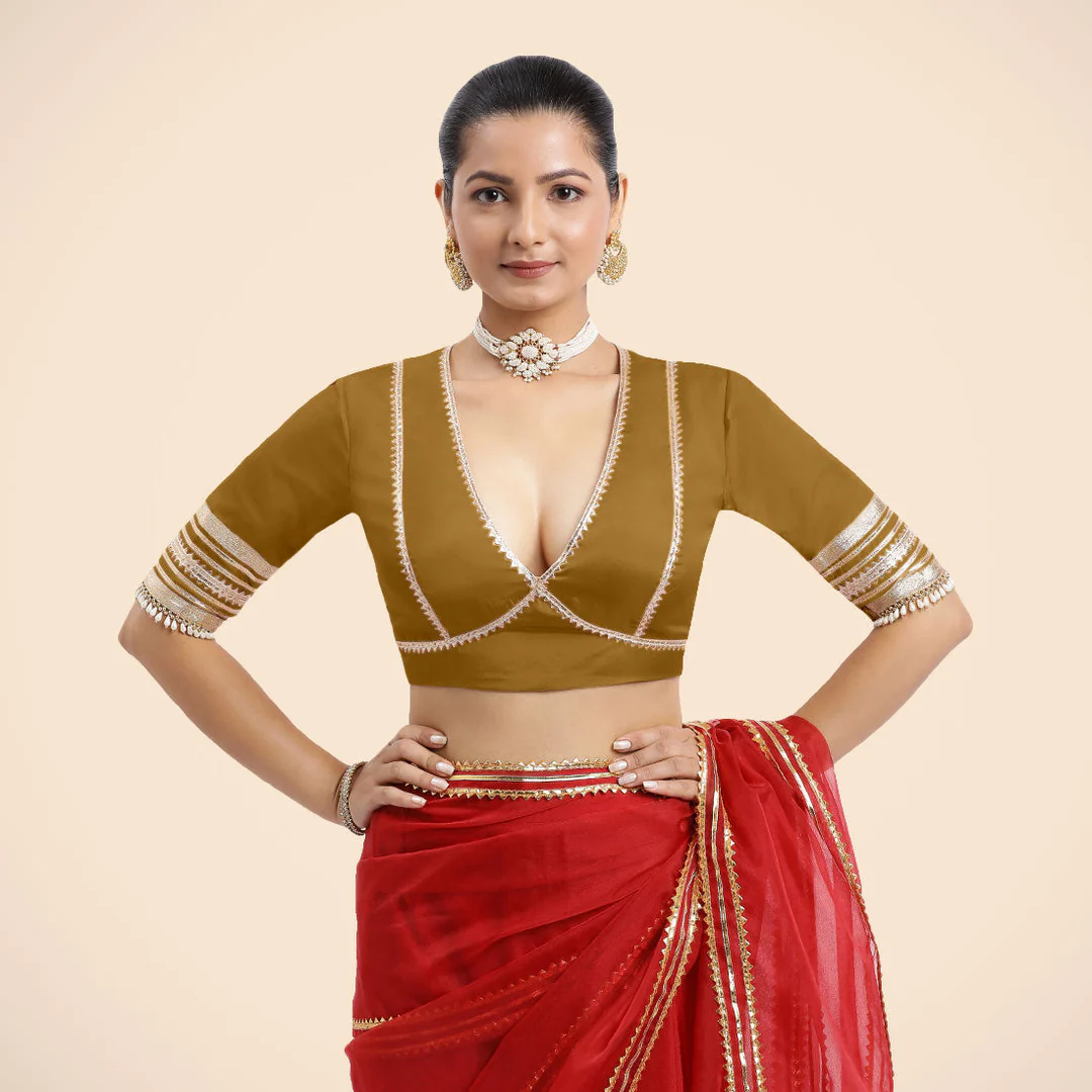 Nafeeza x Tyohaar | Bronze Gold Embellished Elbow Sleeves FlexiFi Saree Blouse with Plunging V Neckline with Tasteful Golden Gota Lace - Image 3