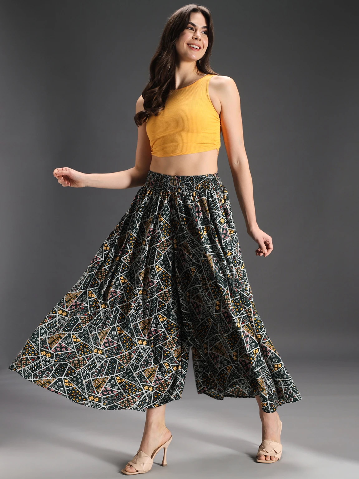 Women Flared Green, Yellow, Multicolor Viscose Rayon Palazzos