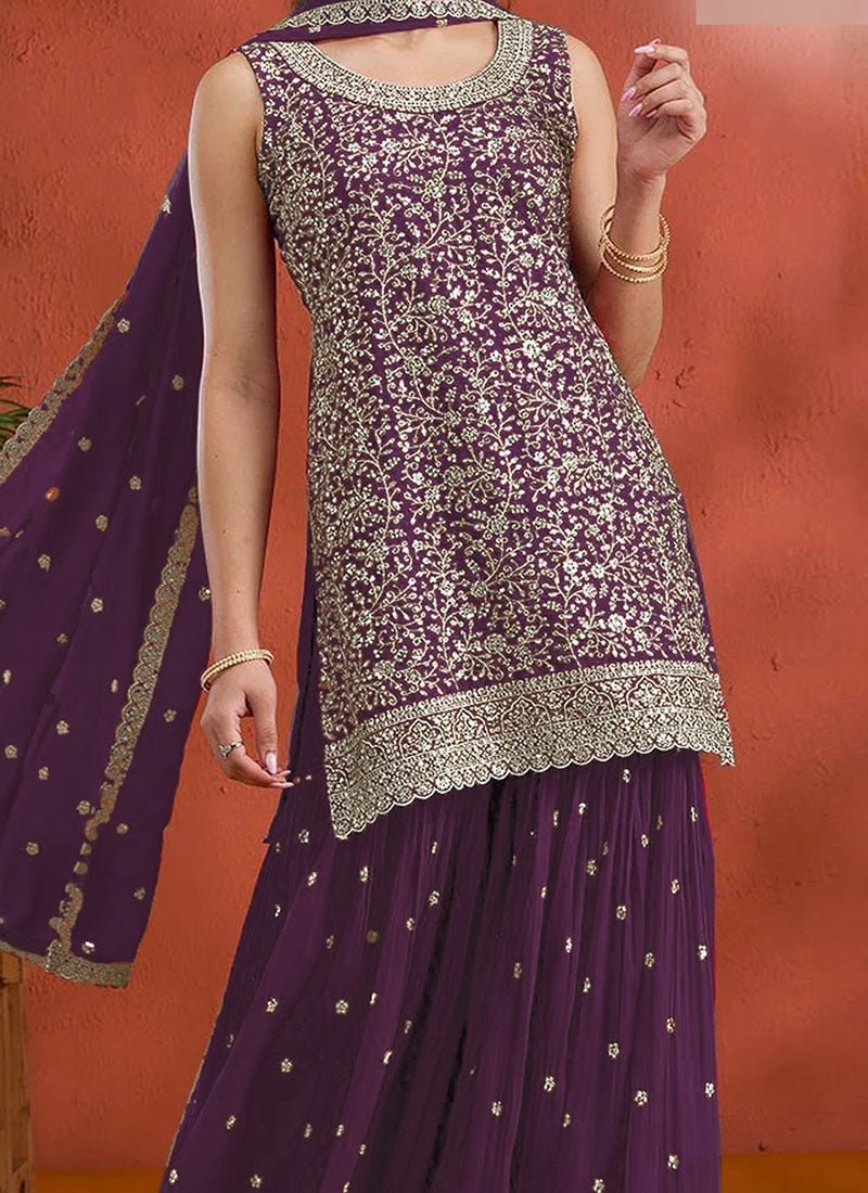 Red Georgette Embroidered Sequin Palazzo Set Festive Wear - Image 6