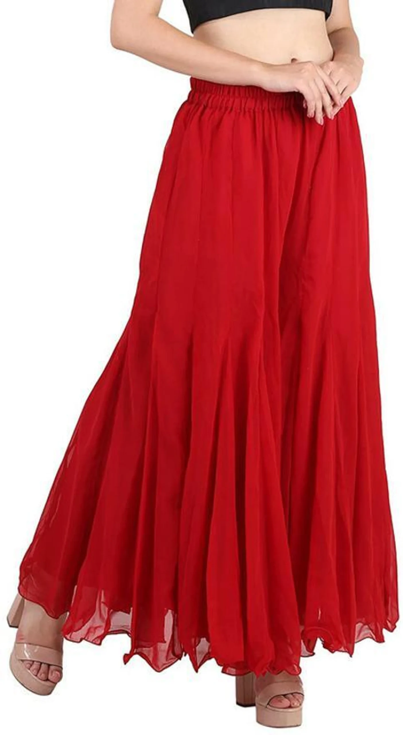Women Flared Red Georgette Trousers - Image 2