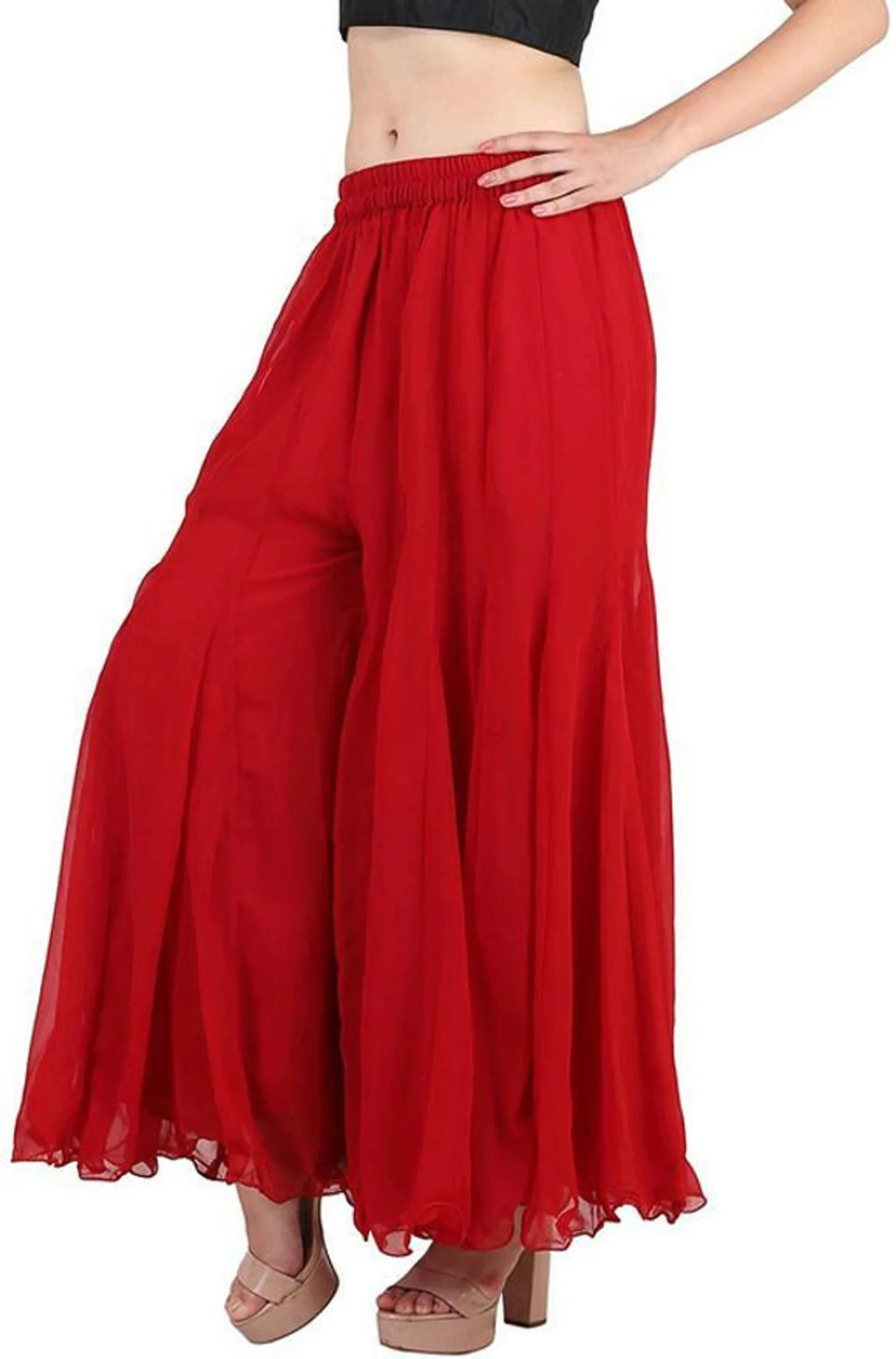 Women Flared Red Georgette Trousers - Image 3